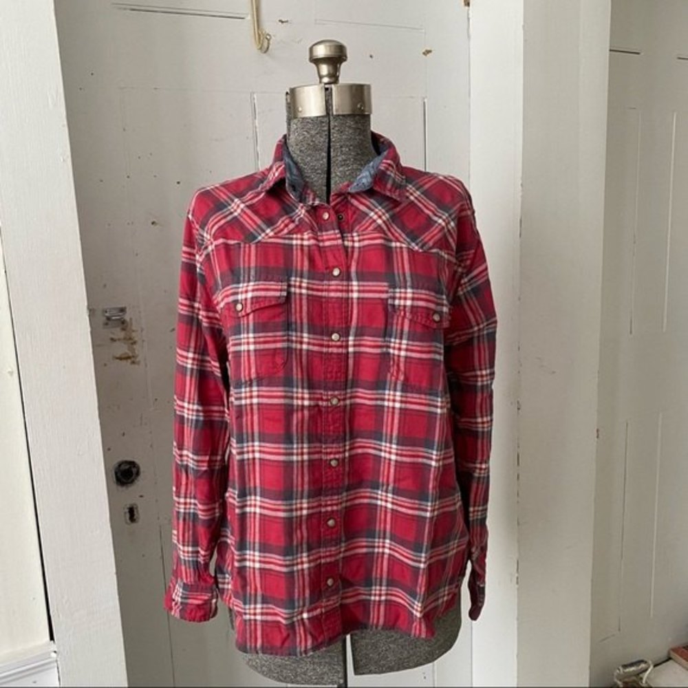 Jachs Girlfriend Bea Western Snap Front Roll Tab Sleeve Flannel Shacket Shirt XL